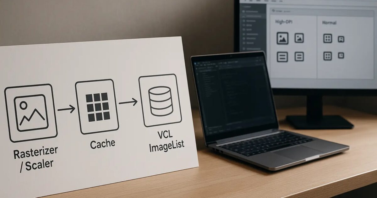 Architekturdiagramm einer Icon-Skalierungs-Pipeline f fcr VCL High-DPI neben Desktop-App mit zwei Icon-Gr f6 dfen Open...