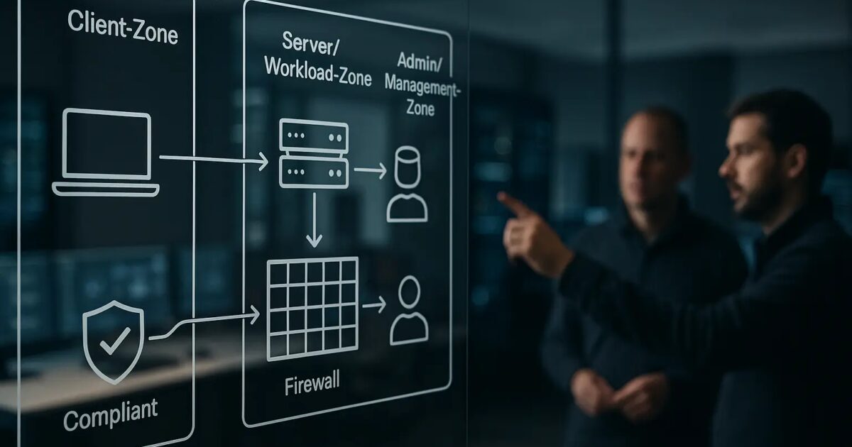 Architekturdiagramm mit Netzwerksegmenten und Device-Compliance-Prüfung für kontrollierte Zugriffswege Open Graph / SEO