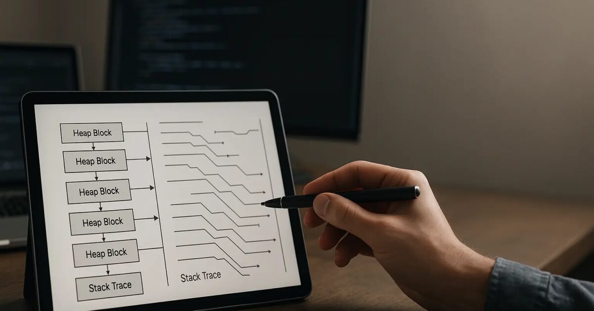 Arbeitsplatzszene mit abstraktem Heap-Block-Diagramm und markiertem Stacktrace zur Analyse von Delphi-Speicherlecks Open...