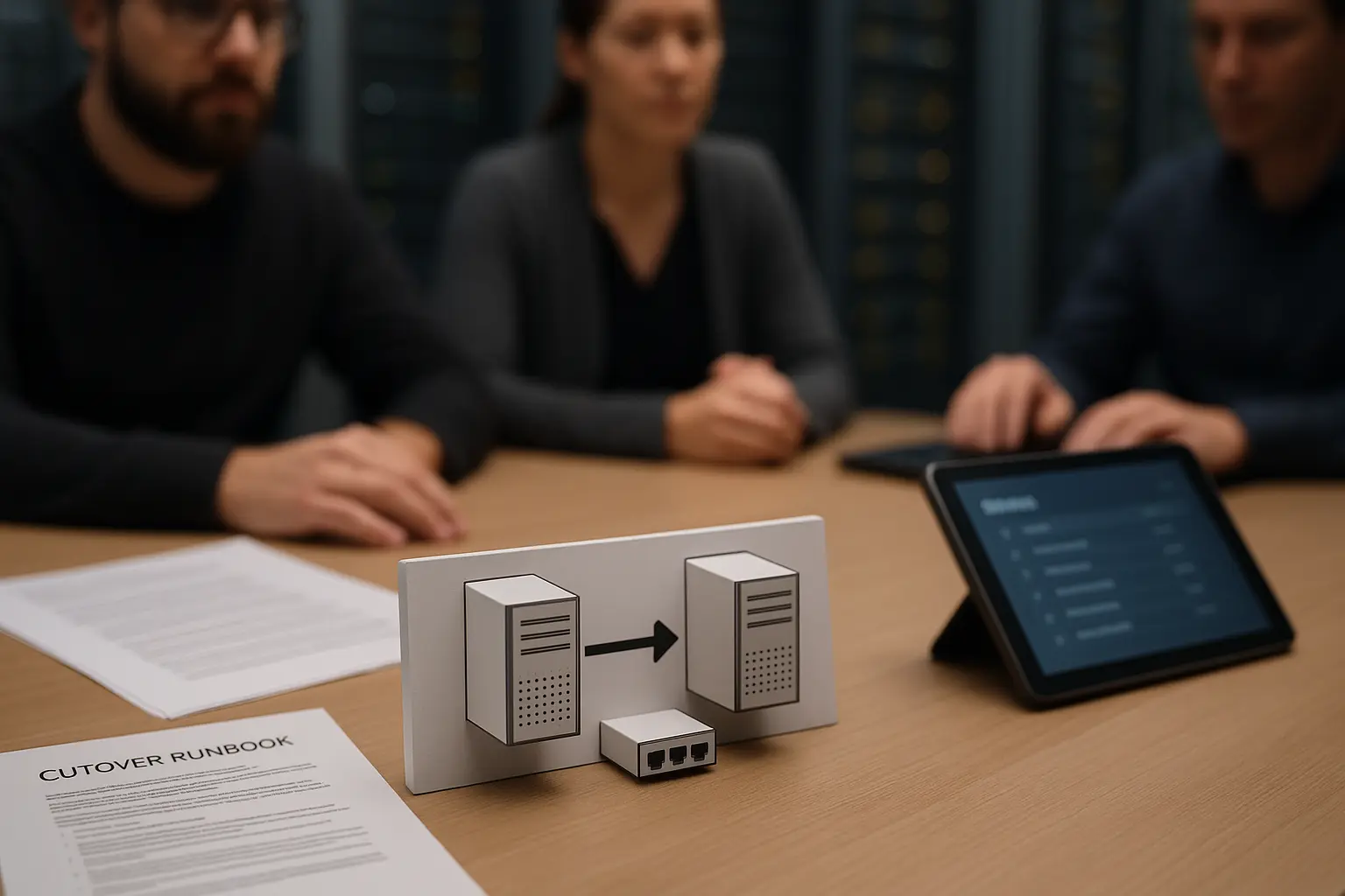 L'equip d'explotació planifica els passos de Cutover per a una commutació de base de dades amb Runbook i comprovacions d'estat