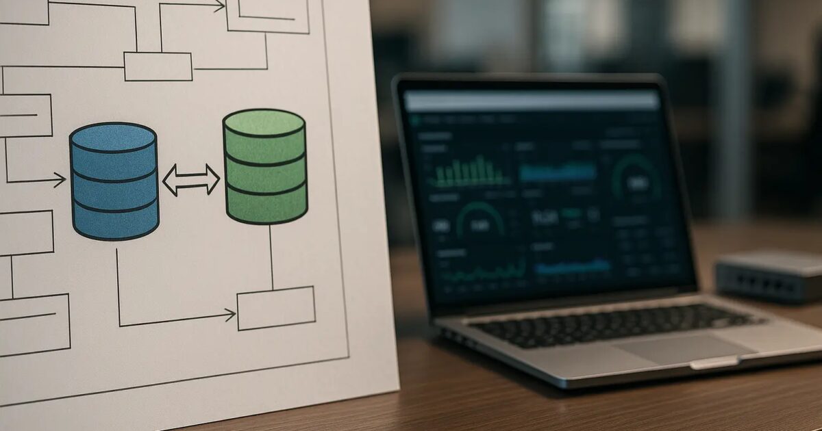 Architekturdiagramm mit zwei PostgreSQL-Servern und Replikationspfad für ein Blue/Green-Upgrade im ERP-Betrieb Open Graph...