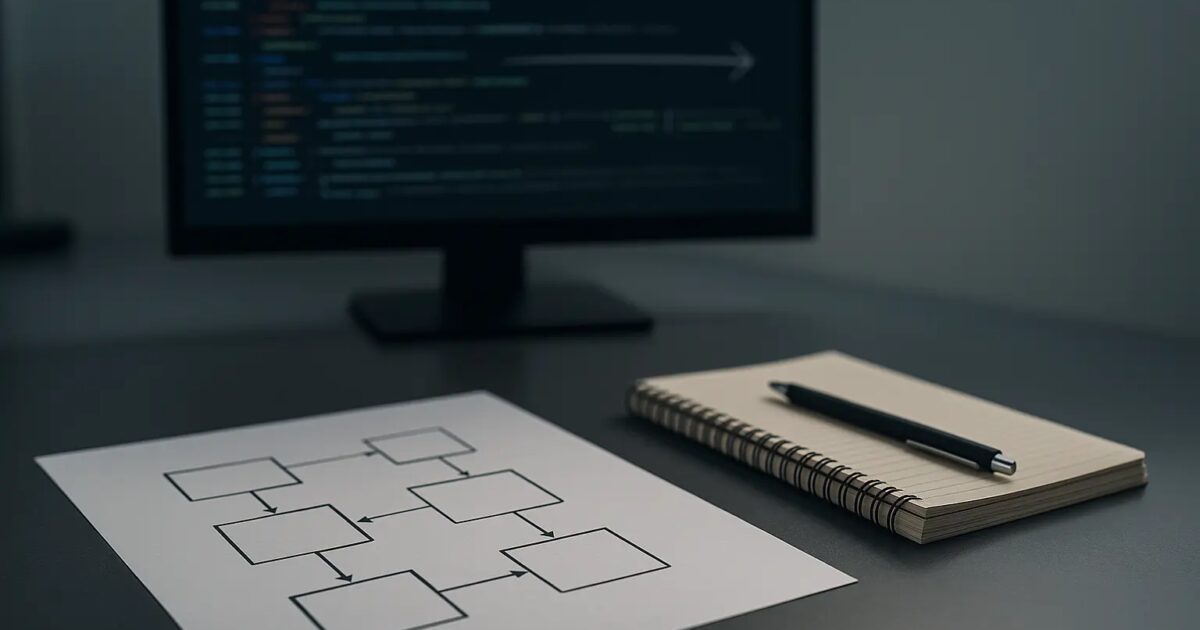 Architekturdiagramm und abstrahierte JSON-Logzeilen als Motiv für strukturierte Logs mit Request-ID Open Graph / SEO