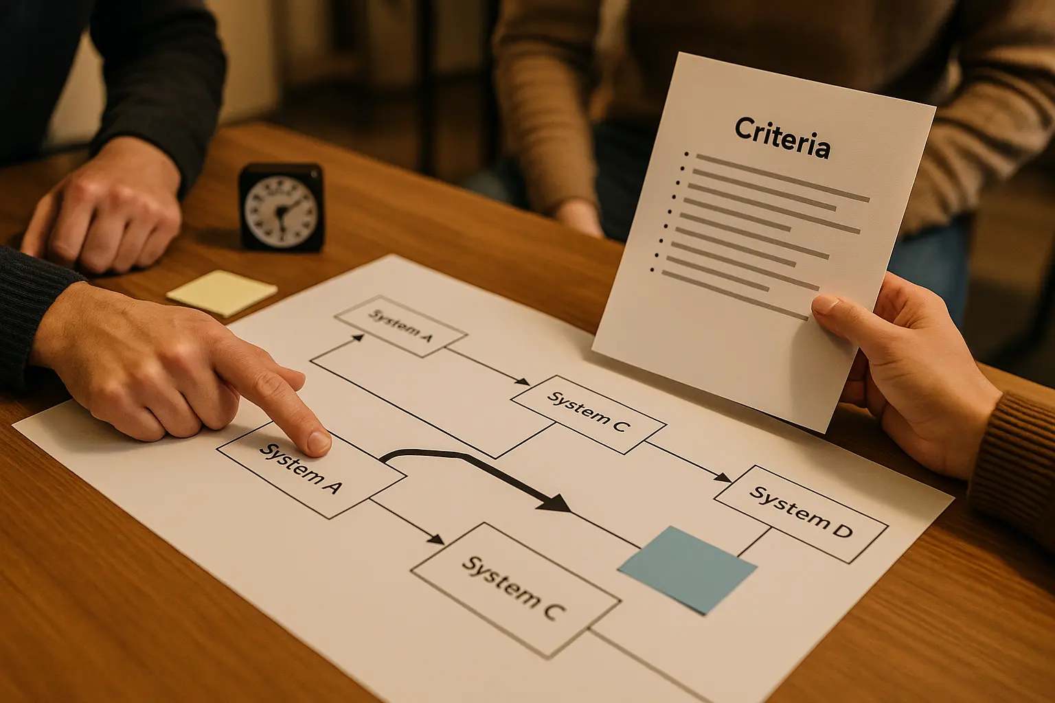 Workshop-Situation mit Systemlandkarte und Bewertungsnotizen für die gemeinsame Scoring-Einschätzung technischer Schulden