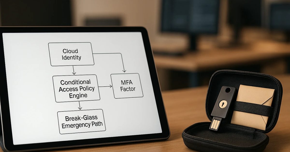 Notfall-Kit mit Hardware-Sicherheitsschlüssel neben einem Architekturdiagramm zu Conditional Access, MFA und Break-Glass...