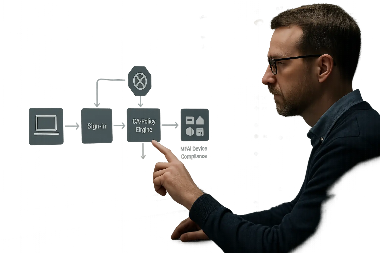 Grafische Darstellung eines Conditional-Access-Entscheidungsflusses mit normalem Zugriff und separatem Break-Glass-Pfad