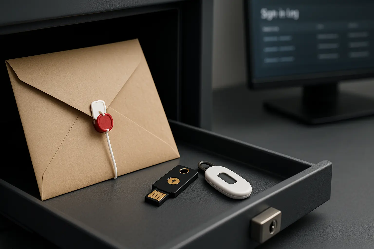 Versiegelter Umschlag und Hardware-Token als Symbol für Break-Glass-Notfallzugänge mit kontrollierter Aufbewahrung