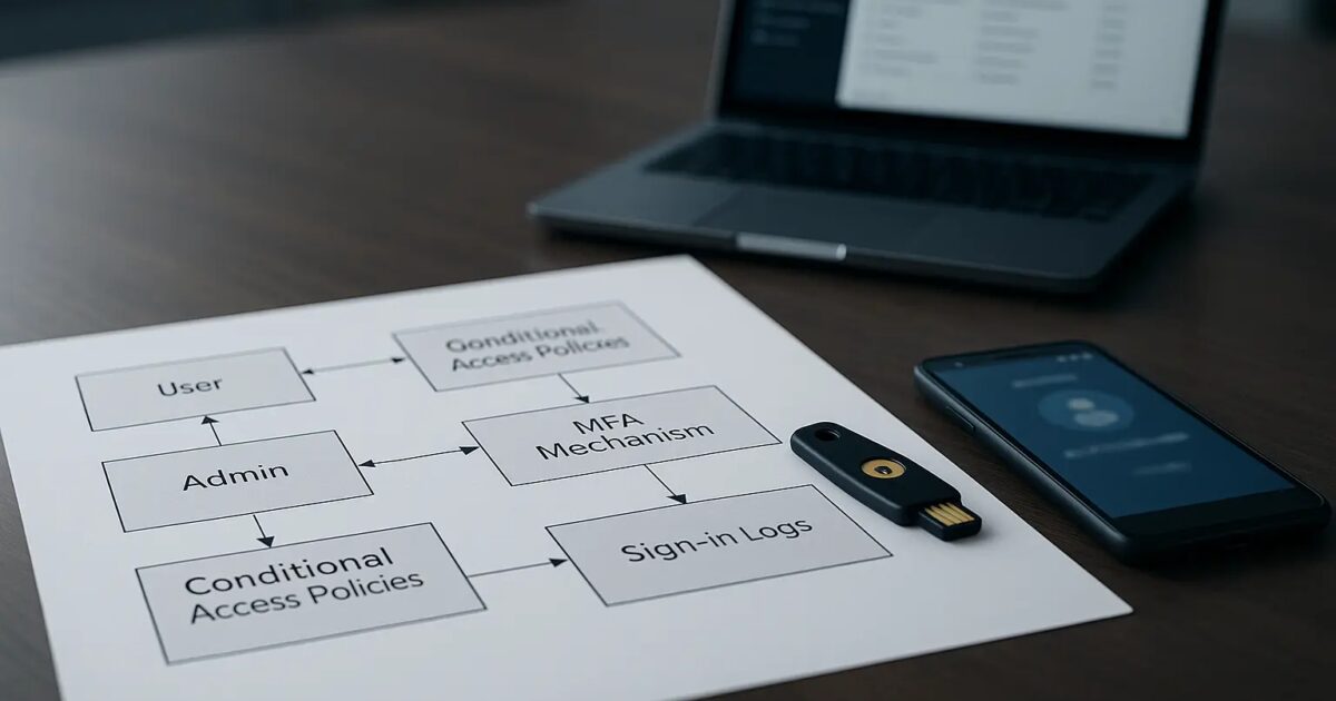 Architekturdiagramm zur Microsoft-365-Absicherung mit Conditional Access, MFA und Break-Glass-Notfallzugang, ergänzt...