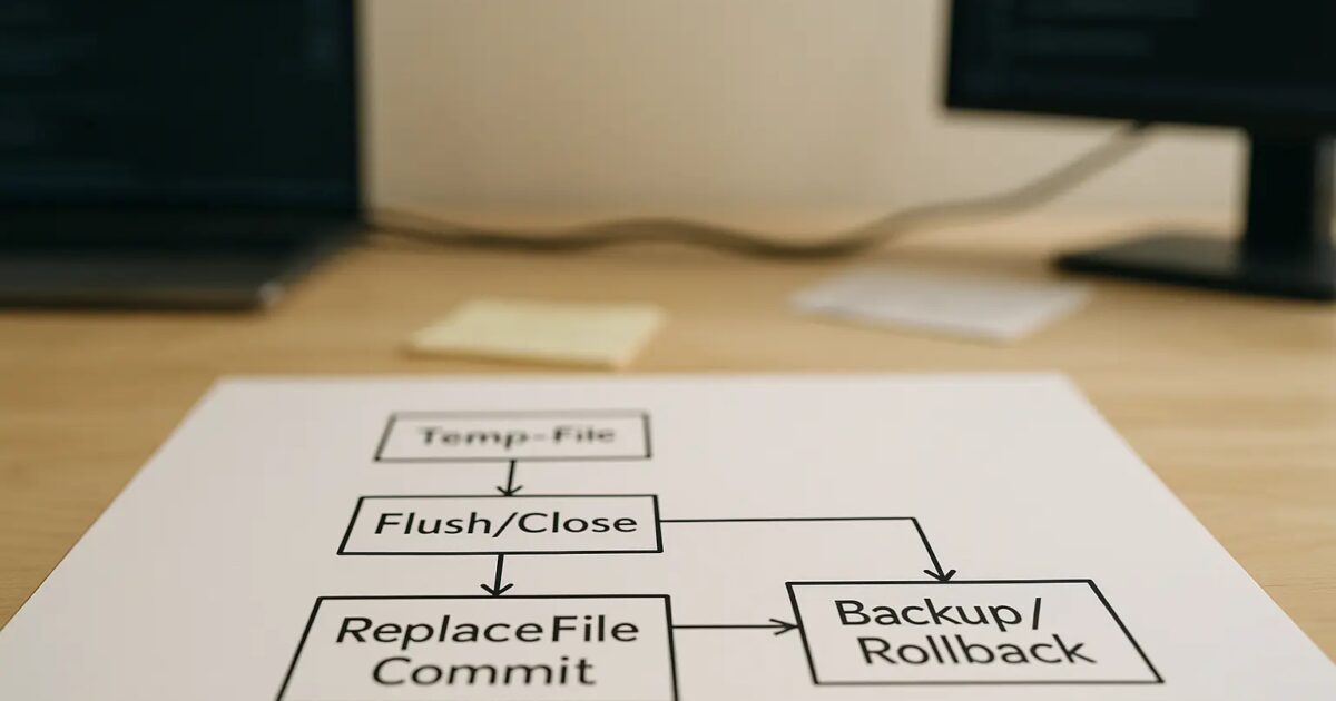 Architekturdiagramm zum sicheren Dateischreiben unter Windows mit Temp-Datei, ReplaceFile-Commit und optionalem Backup...