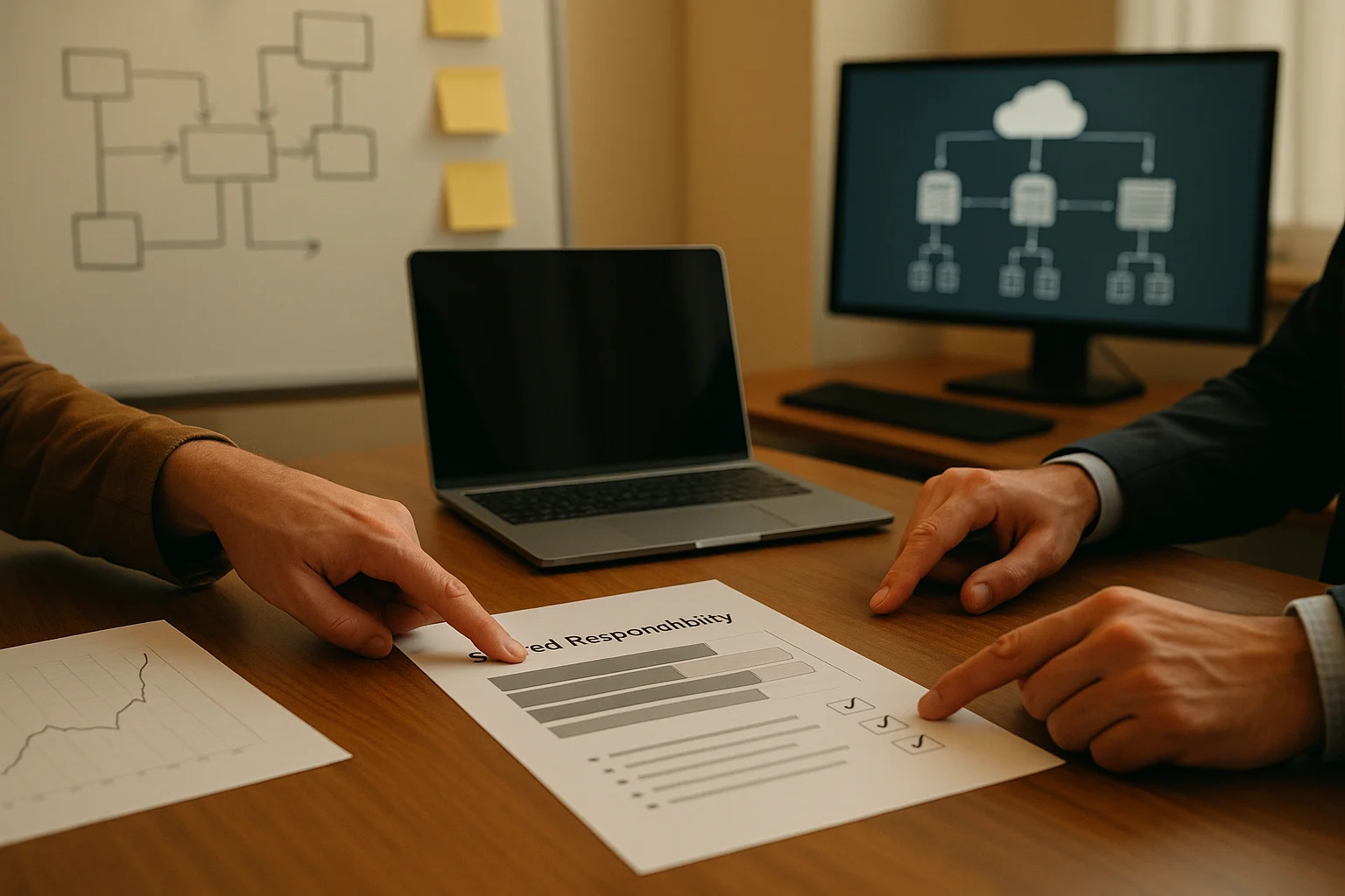 Team prüft Verantwortlichkeiten und Betriebsaufgaben für Cloud und On-Prem anhand eines Diagramms