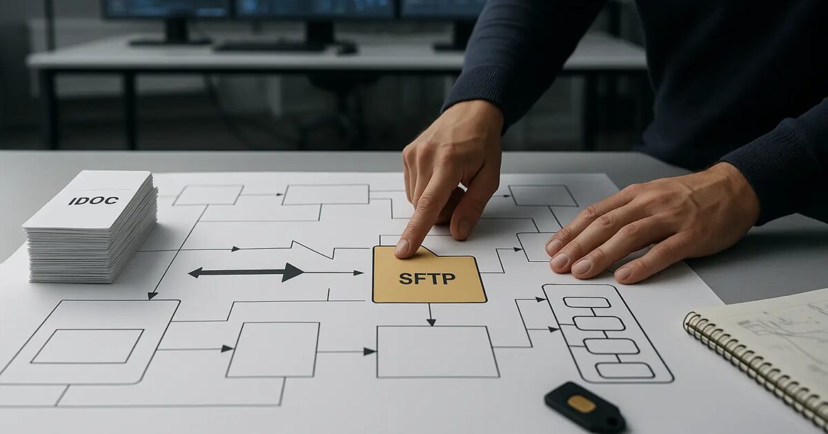 Architekturansicht mit Datenflüssen zwischen SAP und Non-SAP-Systemen über IDoc, OData, Dateiübertragung und Message...