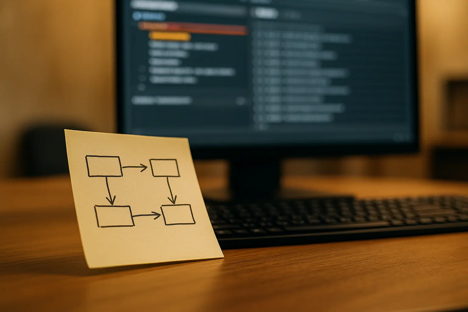 Arbeitsplatzfoto mit Debugging-Situation und handgezeichnetem Architektur-Sketch ohne lesbaren Text