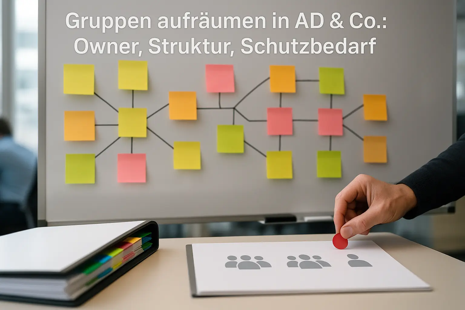 Whiteboard mit textfreien Haftnotizen und Linien als Visualisierung einer Gruppenstruktur und Zuständigkeiten.