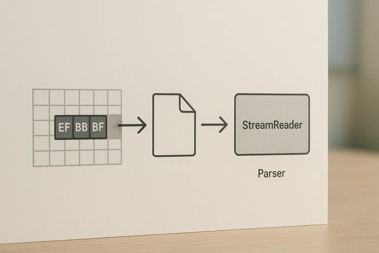 Abstrakte Darstellung einer UTF-8-BOM-Bytefolge und Datenfluss von Datei zu Reader und Parser