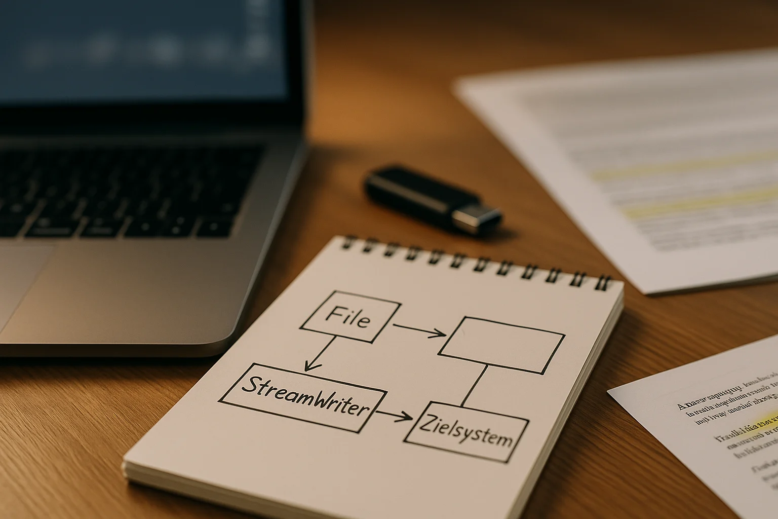 Schreibtischfoto mit skizziertem Datenfluss für Datei-Export über StreamWriter und Zielsystem