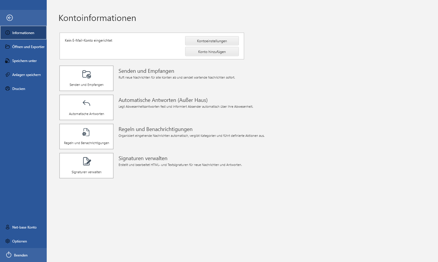 Datei-Backstage und Kontoinformationen in netMail