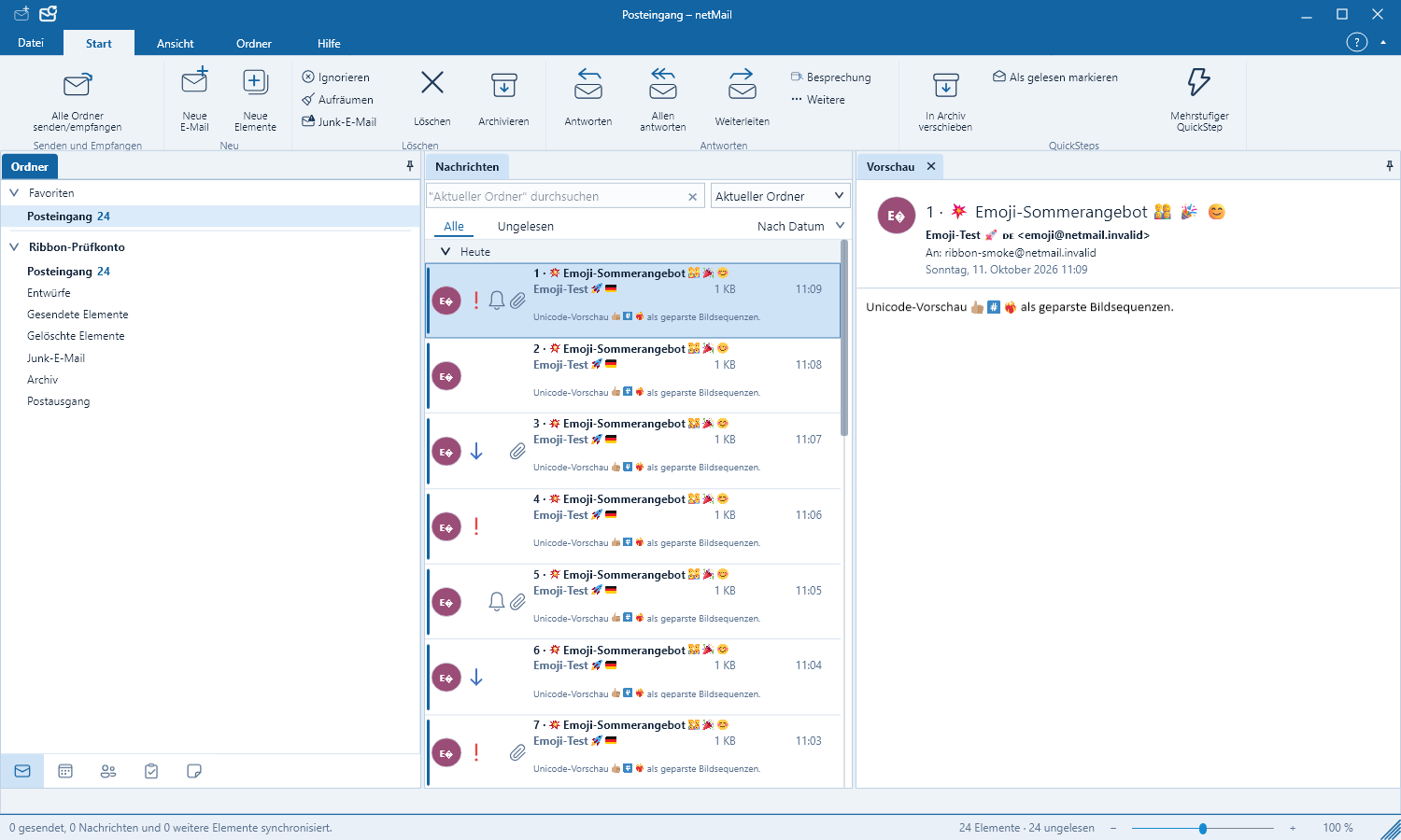 netMail mit Ordnerbaum, Nachrichtenliste und Lesebereich aus künstlichen Testdaten