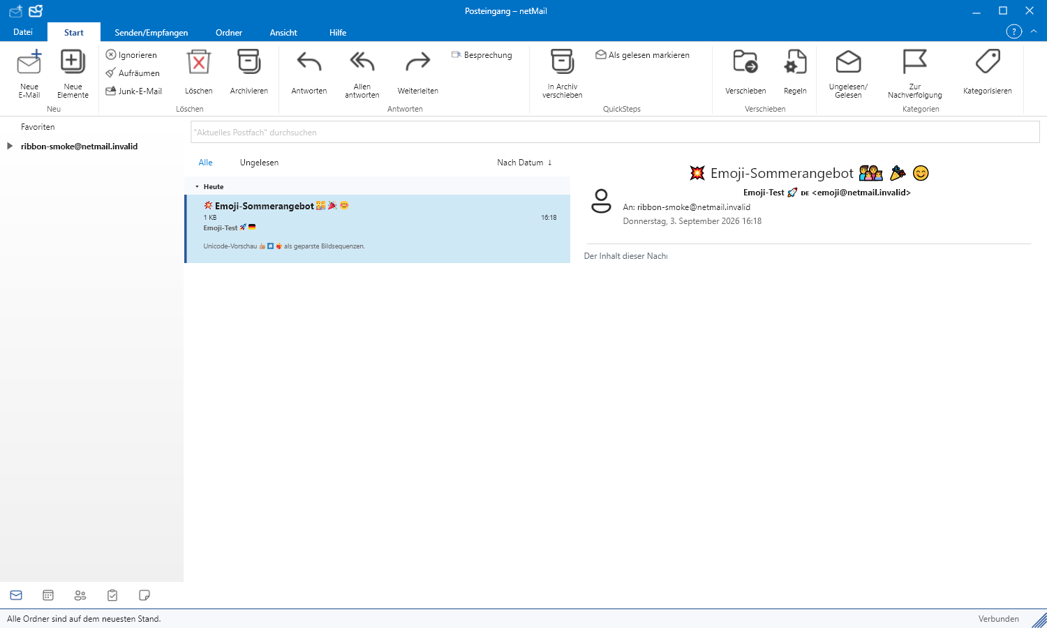 netMail mit Ordnerbaum, Nachrichtenliste und Lesebereich