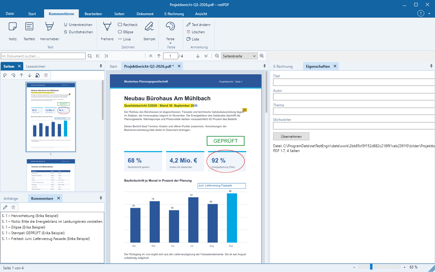 Anmerkungen in netPDF: Hervorhebung, Notiz, Stempel, Ellipse und Textfeld