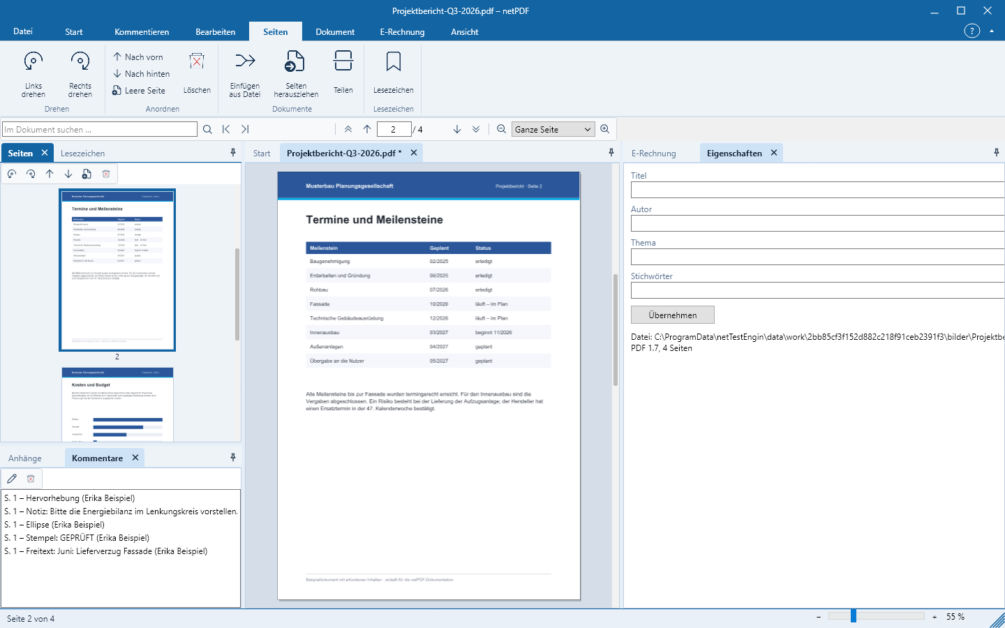 Seitenverwaltung in netPDF mit Miniaturen und Ribbon-Befehlen zum Drehen und Verschieben