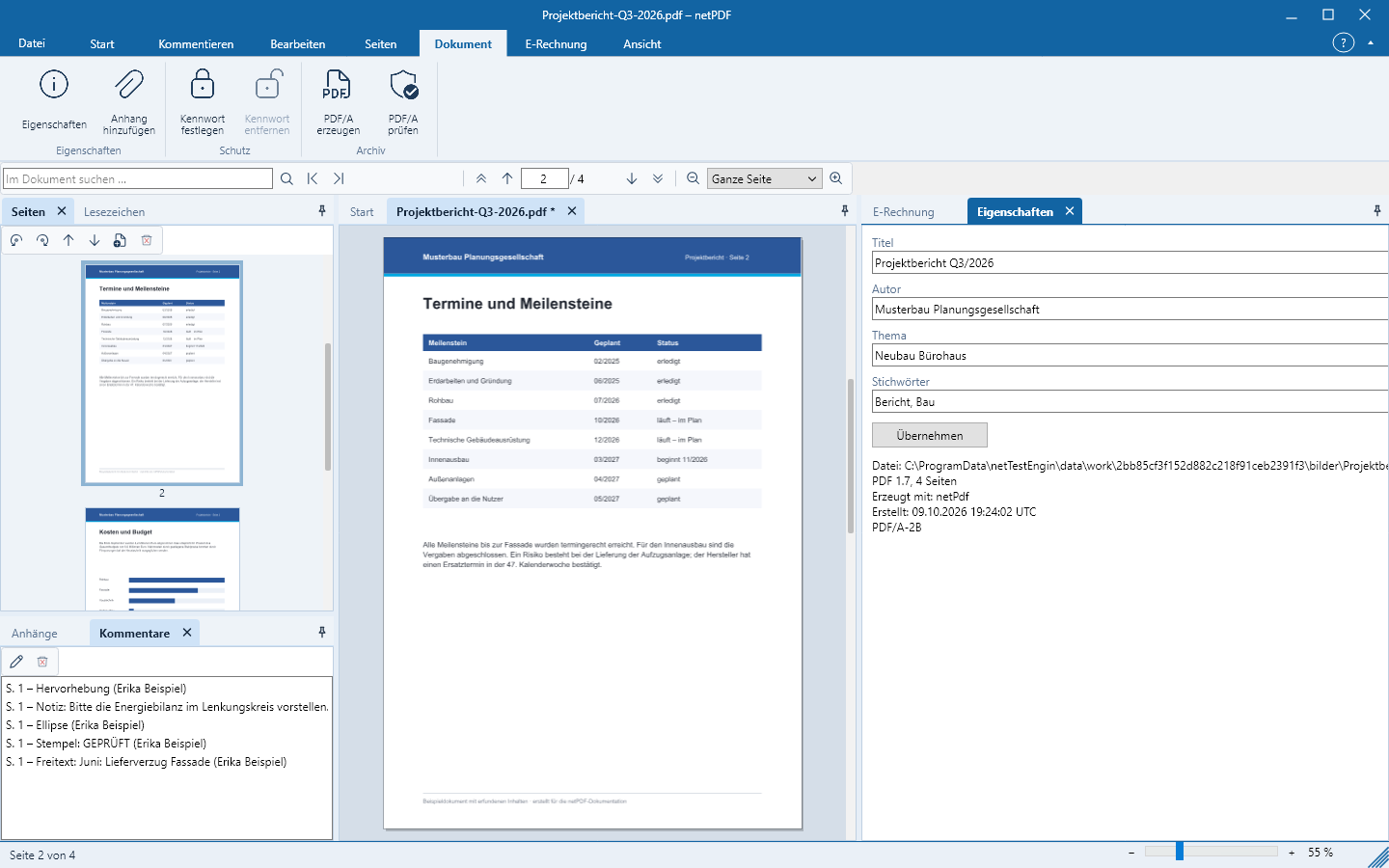 Dokumenteigenschaften in netPDF mit Metadaten und PDF/A-Angaben