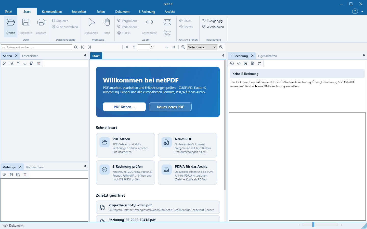 netPDF-Startseite mit Schnellstart-Kacheln und zuletzt geöffneten Beispieldokumenten