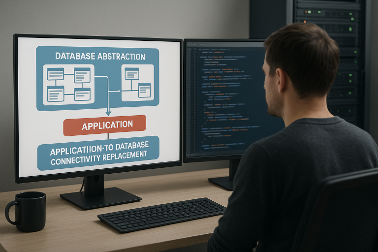 Moderner Entwicklerarbeitsplatz mit abstrahierten Datenbankverbindungen als Symbol für die Ablösung der Borland BDE durch...