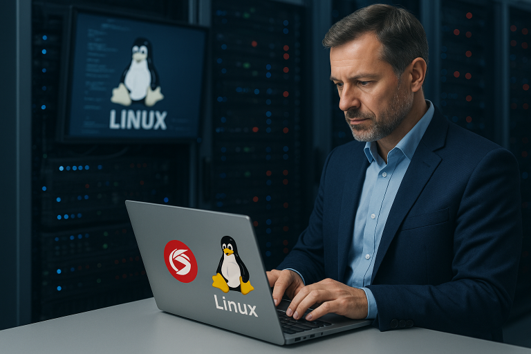 Helles B2B-Motiv mit Linux-Servern und DevOps-Arbeitsplatz als Symbol für den produktiven Betrieb von Delphi-Services...
