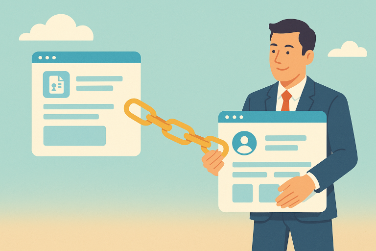 Helle Business-Technik-Szene mit verbundenem Kundenportal- und Lizenzmanagement-Dashboard auf zwei Monitoren