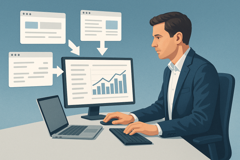 Symbolisches Motiv: Portal und Desktop greifen über Services auf dieselbe Datenbasis zu
