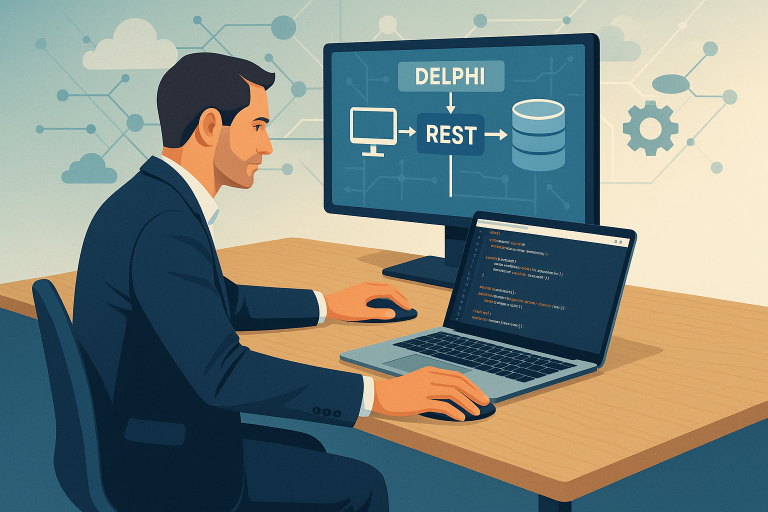 Moderne Serverraum-Szene als Symbol für eine REST-Server-Architektur mit Delphi im Unternehmenseinsatz
