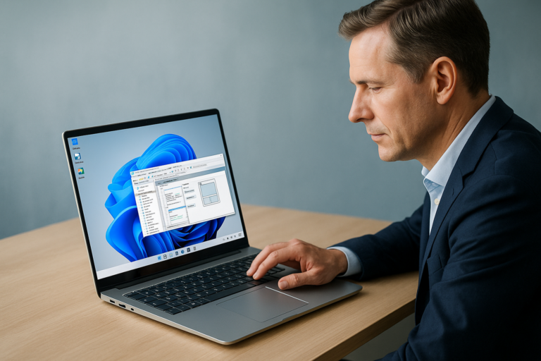 Modernes Business-Notebook-Setup als Symbol für Windows 11 ARM64 Planung bei Delphi-Anwendungen