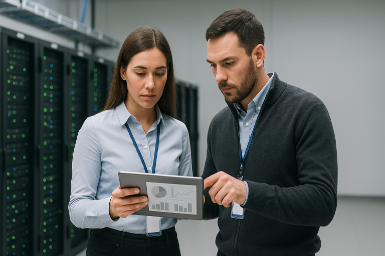 IT-Team im Serverraum prüft Betrieb und Modernisierung eines Windows-Services