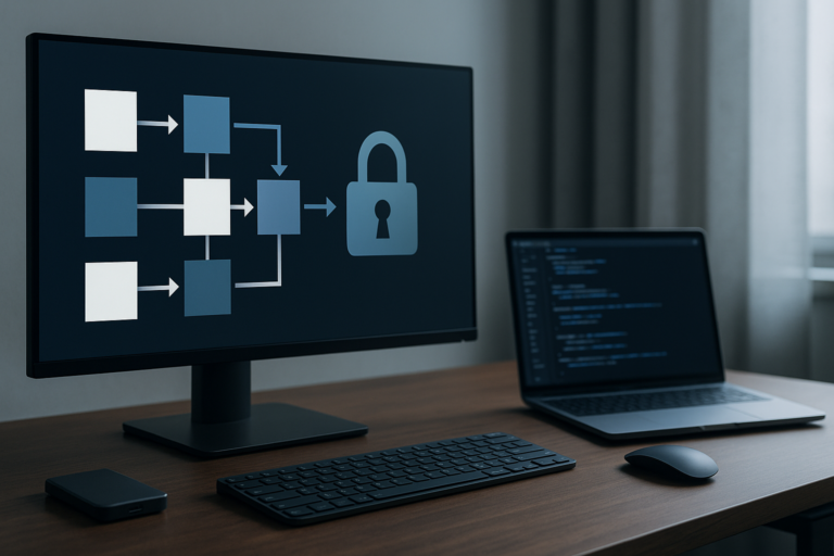 Entwicklerarbeitsplatz mit Monitoren und abstrakter Darstellung eines verschlüsselten Datenflusses