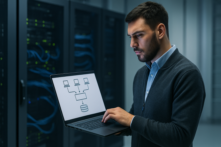 IT-Administrator prüft Client-Server-Architektur und Betrieb einer Delphi-Anwendung im Serverraum