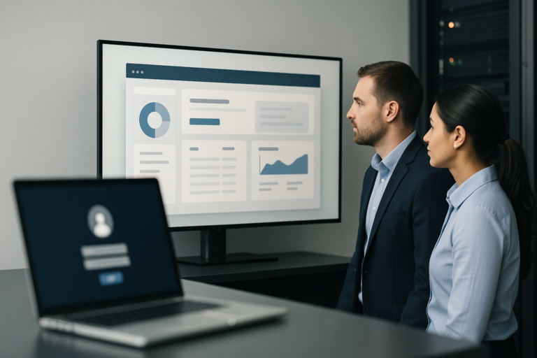 IT-Team prüft Kundenportal-Zugriff und Integrationsübersicht am Monitor in Unternehmensumgebung