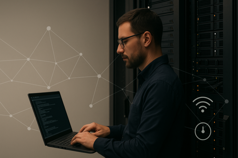 Administrator vor Server-Rack überwacht Linux-Services mit Monitoring auf einem Laptop