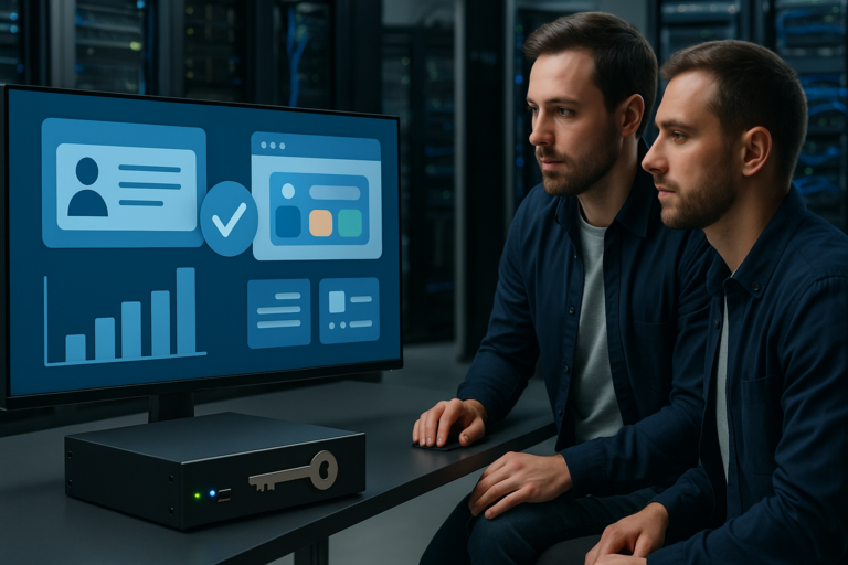 IT-Team im Serverraum plant Lizenzserver, Kundenportal und Schlüsselmanagement