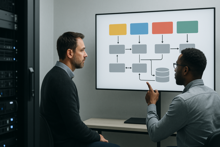 IT-Team plant mandantenfähige Software-Architektur mit getrennten Datenbereichen auf einem Monitor