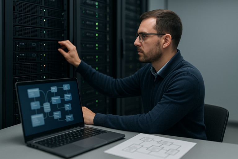 Administrator im Serverraum mit Laptop, der eine Datenbankverbindung zu MariaDB überwacht