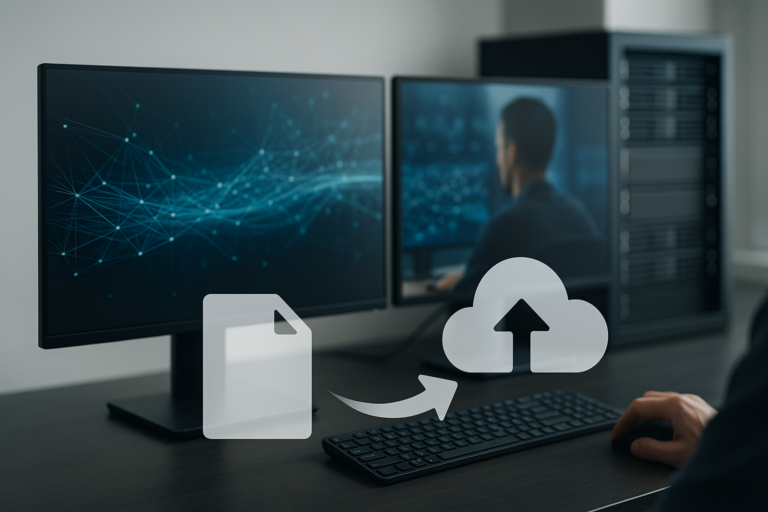 Entwicklerarbeitsplatz mit Netzwerkdatenstrom als Motiv für Multipart-Datei-Upload per REST