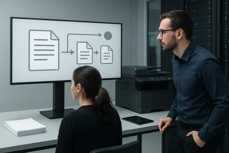 IT-Team analysiert einen Reporting- und PDF-Workflow im Serverraum an einem Monitor