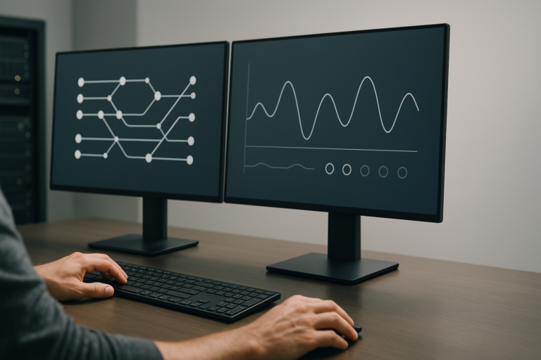 Entwicklerarbeitsplatz mit Monitoren und abstraktem Thread-Diagramm als Symbol für Synchronize und UI-Threading in Delphi