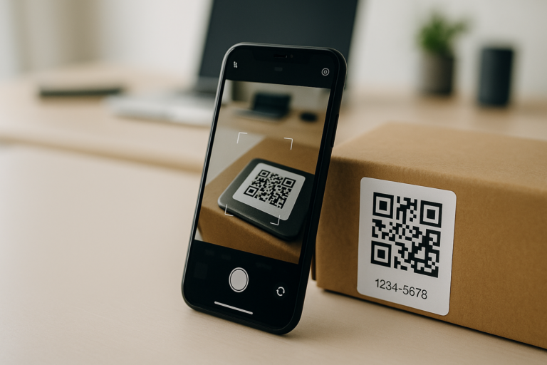 Smartphone mit Kamera-Preview scannt einen QR-Code am Entwicklerarbeitsplatz