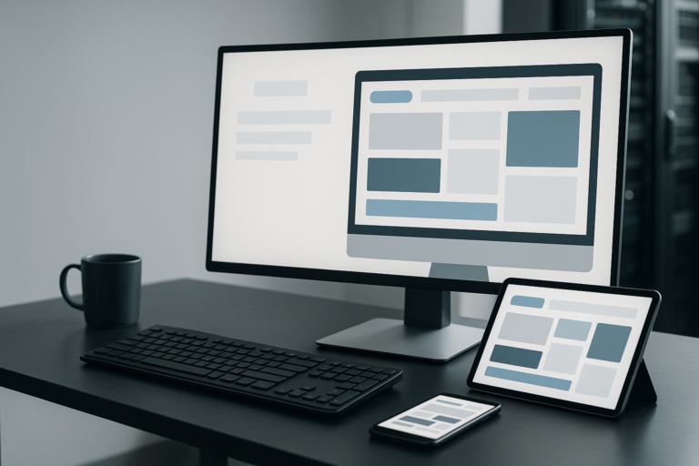Arbeitsplatz mit Monitor sowie Tablet und Smartphone als Kontext für responsive Delphi-FMX-Layouts