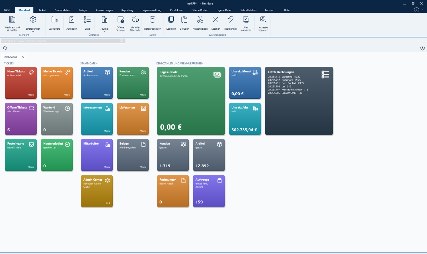 netERP Dashboard mit Ticket-, Stammdaten- und Kennzahlen-Kacheln