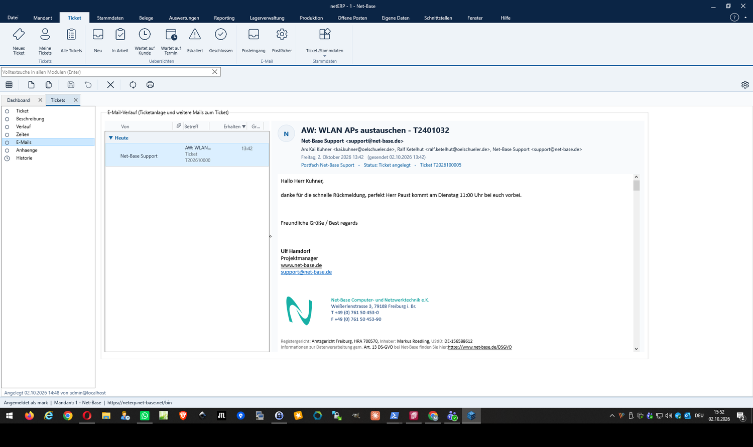 netERP Ticket mit E-Mail-Verlauf